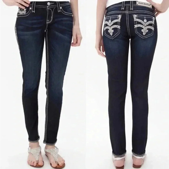 Rock Revival Jeans Karla Straight Leg Stretch Denim Jean Dark Wash Jeweled 25 - Picture 1 of 9